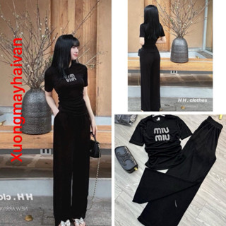HV - Set Bộ Đồ Nữ Áo Thun Tăm Cộc Tay Đính Đá Miu Mix Quần Suông Tăm Ống Rộng