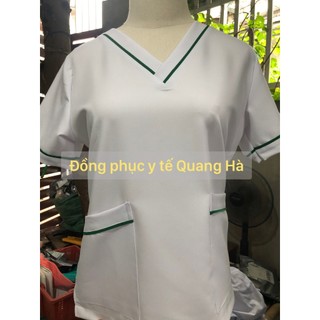 Bộ Scrubs trắng viền Xanh dương - Xanh Lá cotton -đồng phục điều dưỡng, spa, thẩm mỹ viện, dược sĩ .