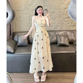 Đầm hoa maxi mặc đi biển thời trang chất tơ xốp thiết kế dây choàng cổ cúp ngực hở lưng váy maxi xoè hai lớp cao cấp