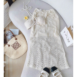Set crop nude ren len móc 2s đan cột lưng + chân váy midi