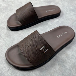 Dép nam quai ngang dép nam cao cấp da nubuck đế cao su có khâu đế in họa tiết gắn logo thời trang