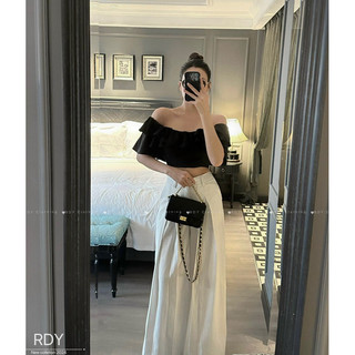 Set áo trễ vai croptop bèo 2 tầng mix quần suông kẻ Maya