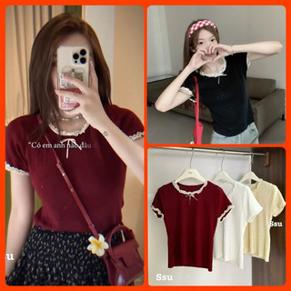 Áo thun len lỗ trái tim phối ren viền nơ cổ 50106 Thun ren hàng Quảng Châu A112N Nhung Nhớ Boutique
