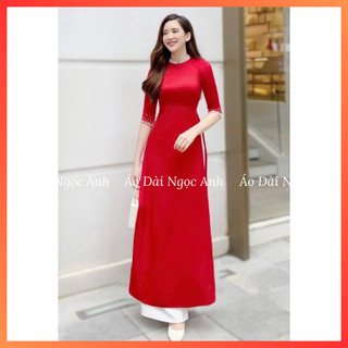 Áo dài truyền thống lụa tây thi đính kết cổ và tay, nhẹ nhàng