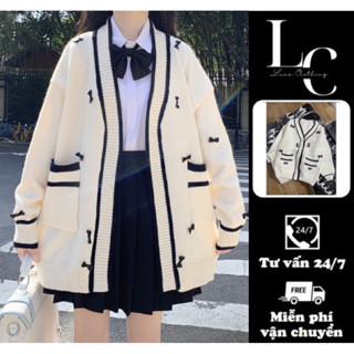 Áo Khoác Len Đính Nơ Đen, Cardigan Nữ Dáng Rộng Có Túi