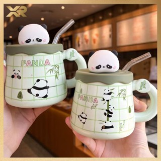  Cốc uống nước cốc sứ hình gấu trúc dễ thương làm quà sinh nhật quà tặng 400ml+Ống hút thuỷ tinh XMB 