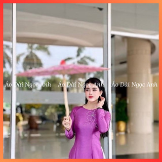 Áo dài truyền thống cổ tròn tay dài, đính kết hoa cao cấp_tím cà