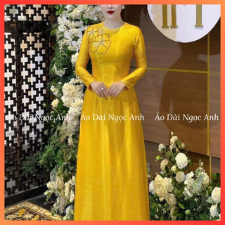 Áo dài truyền thống vân gỗ cổ tròn tay dài, kết hoa cao cấp siêu hot_vàng cổ tròn
