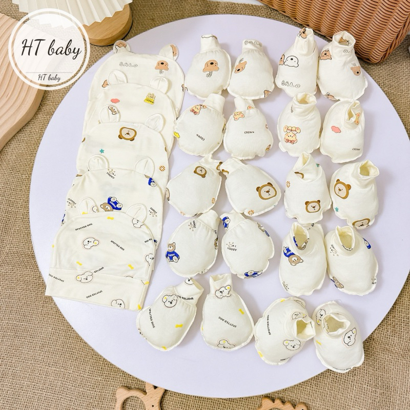 Set mũ bao tay bao chân chất petit mềm mại cho bé sơ sinh P02
