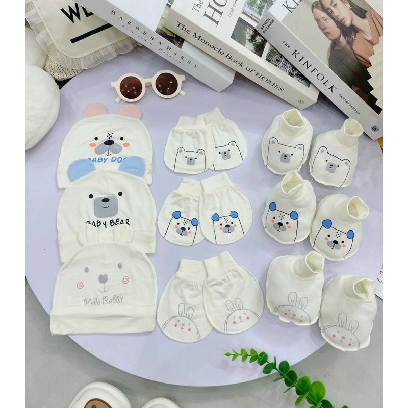 Set Mũ bao tay bao chân cho bé sơ sinh chất petit cao cấp