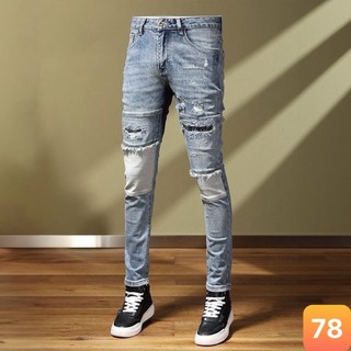 Quần jean nam rách gối màu xanh trơn chất liệu bò cao cấp co dãn 4 chiều form dáng skinny Lavado MS78 mẫu mới