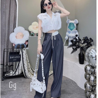 Set Bộ Tây Áo sơ Mi rút chun Quần Suông Ống rộng lưng cao