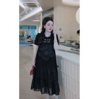 Váy hoa đen chân tơ đính nơ Miumiu