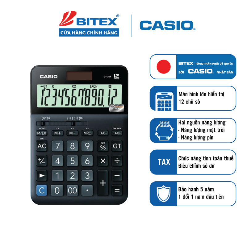 Máy Tính Văn Phòng Casio D-120F Chính Hãng - 12 Chữ Số, Bền Bỉ, Xử Lý Hóa Đơn Chuyên Nghiệp