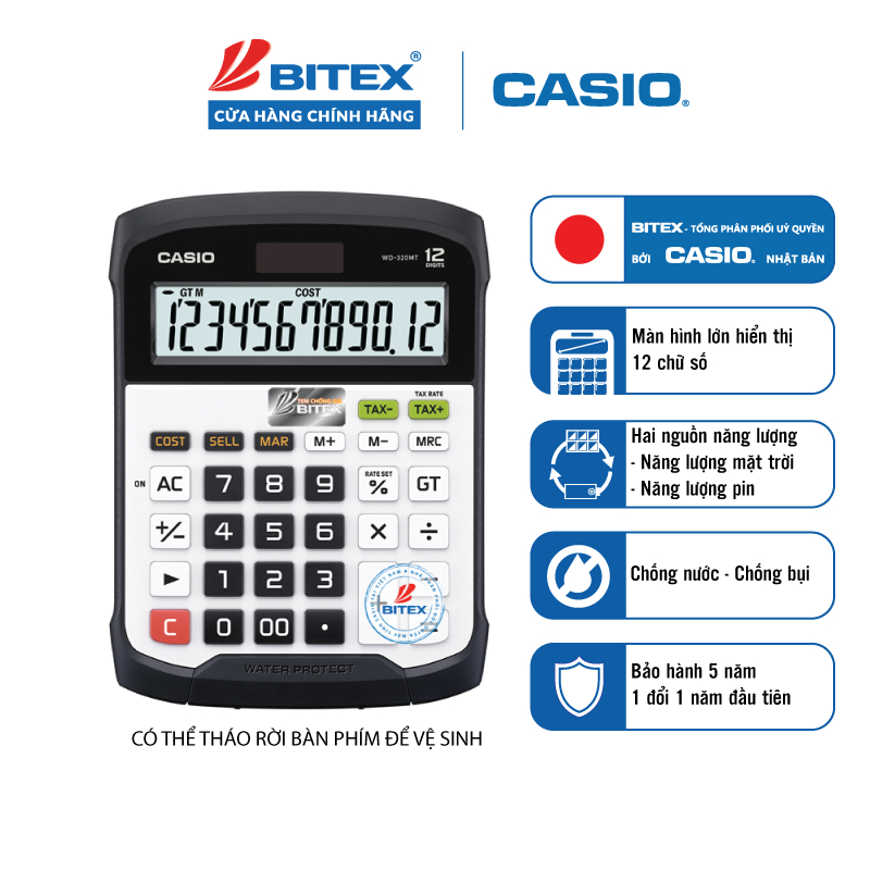 Máy Tính Để Bàn Cỡ Đại Casio WD-320MT (12 Số) Chính Hãng - Chống Nước & Chống Bụi, Rửa Được Bằng Nước