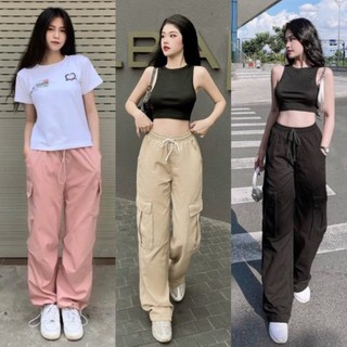Quần ống rộng kaki túi hộp cạp chun dây rút dáng suông dài Quần kaki ống rộng lưng cao bo gấu co giãn màu Đen kem hồng