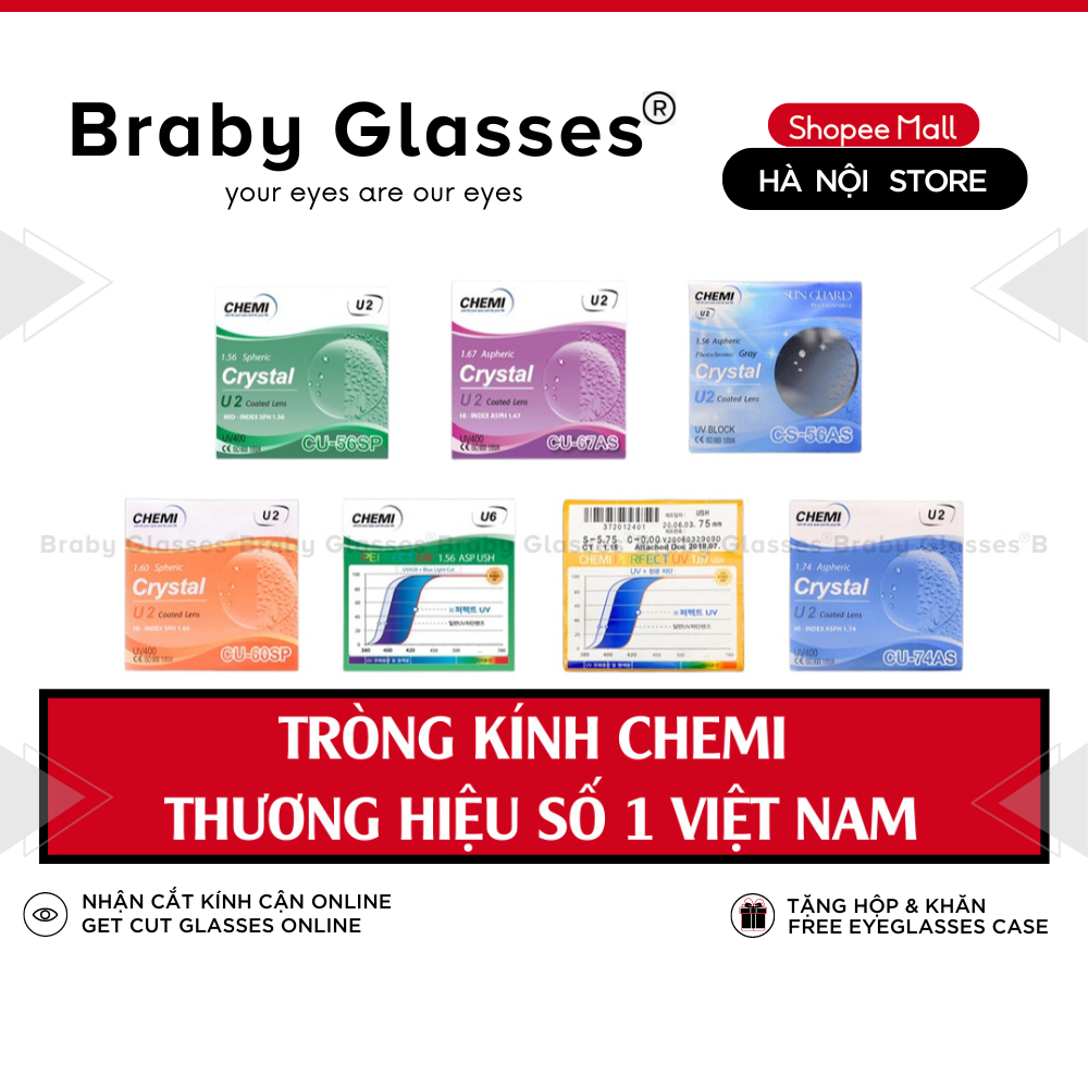 Tròng kính cận,loạn,viễn thị Braby Chemi cao cấp chống tia uv, lọc ánh sáng xanh, đổi màu ra nắngTròng kính cận,loạn,viễ