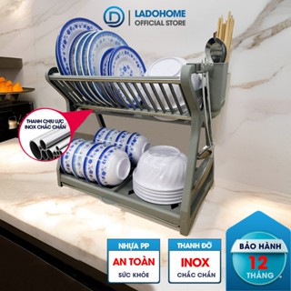 Kệ để chén bát 2 tầng LADOHOME LH-3639 có ống đựng muỗng đũa và móc treo đồ, móc để ly tiện lợi nhựa PP cao cấp