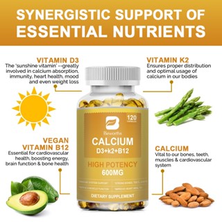 BEWORTHS Viên nang 4 trong 1 Canxi 600Mg với Vitamin D3 K2 B12 cho sức mạnh của xương Sức khỏe tim mạch Hỗ trợ miễn dịch