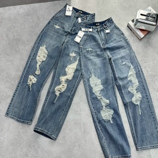 Quần Jean THE QUAO  Nữ Lưng Cao Rách Nhiều Túi Xéo Xanh Nhạt Bụi R1505_444