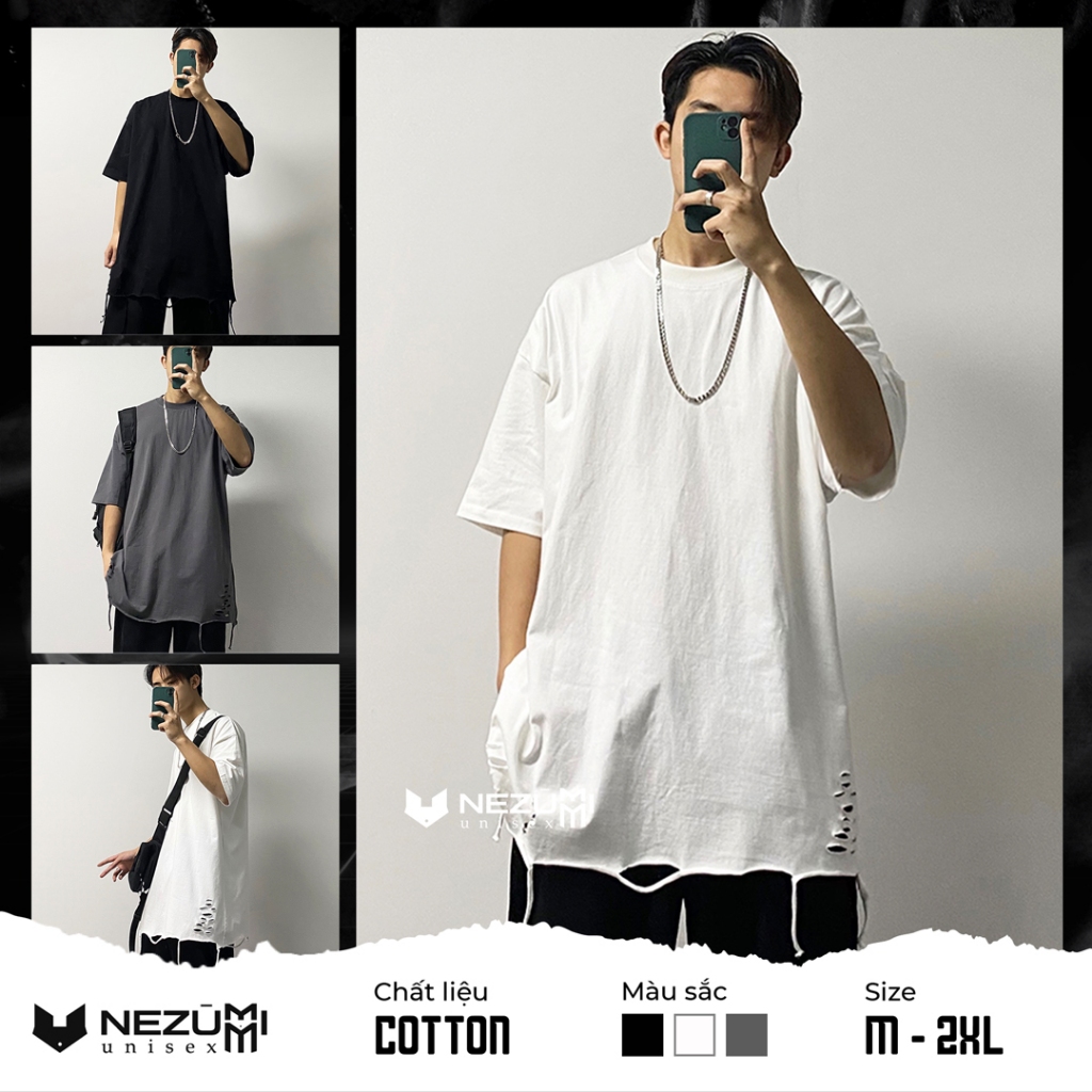 (Sẵn đen, trắng) Áo thun tay lỡ rách gấu tạo layer hiphop đường phố - Áo phông unisex nam nữ