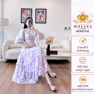 Đầm xòe hoa phối ren cao cấp Dáng xòe bồng Họa Tiết Hoa nhí Chất tơ xước Mềm Mại