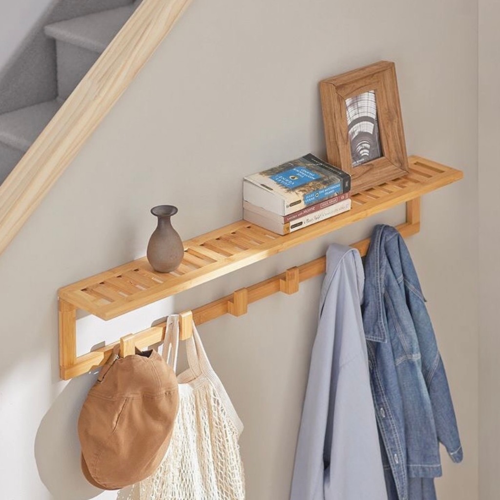 Giá gỗ treo đồ gắn tường, kệ phòng tắm, giá treo tường có 6 móc và kệ để đồ
