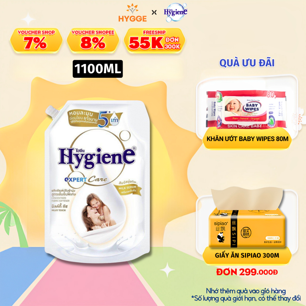 Nước Xả Vải Hygiene Thái Lan Giặt Xả Quần Áo Milky Touch Milk Serum Expert Care [Trắng Baby] 1100ml