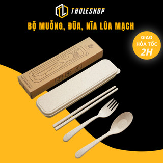 Bộ 3 món đũa, nĩa, thìa cá nhân cho bé bằng nhựa lúa mạch kèm hộp tholeshop 6846