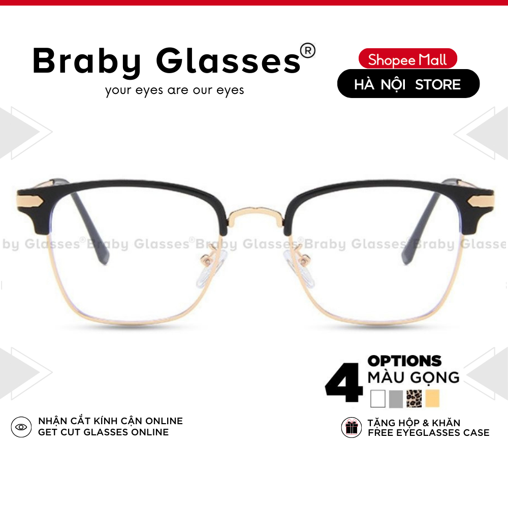 Gọng kính cận kim loại thời trang nam nữ Braby Glasses mắt đa giác giả cận kiểu dáng thanh mảnh MK72 Hộp