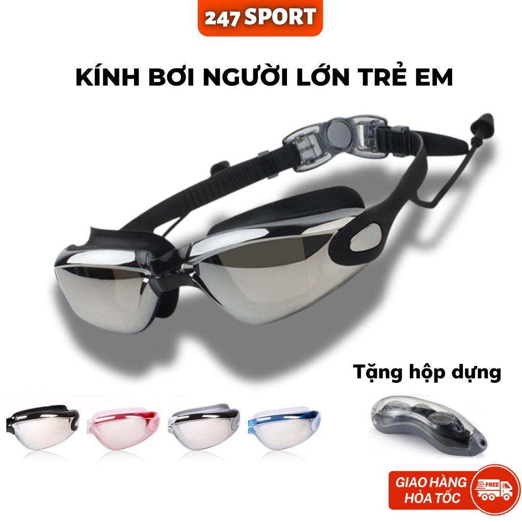 Kính bơi tráng gương trẻ em người lớn Tặng Hộp cao cấp cận thị mũ bơi silicon nam nữ đi biển mùa hè
