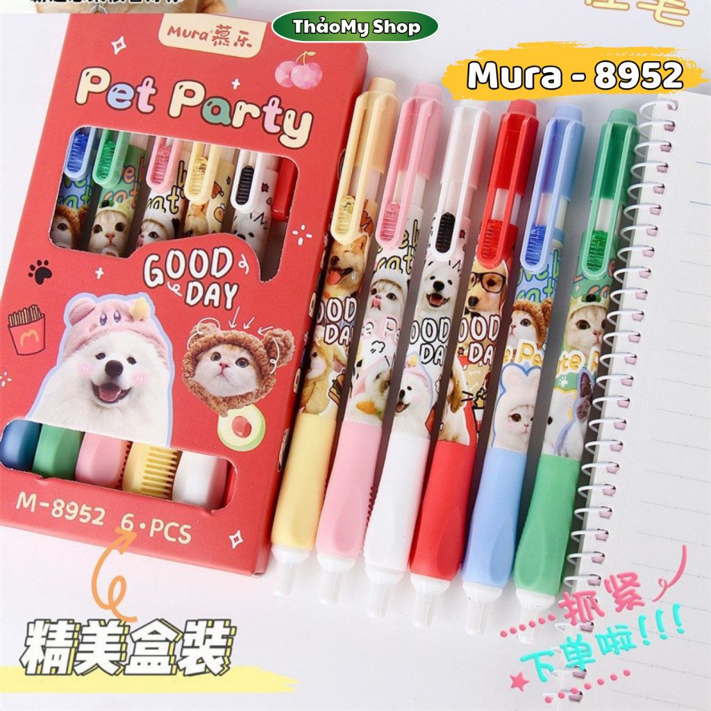 Bút mực gel Mura Pet Party Good Day họa tiết thú cưng cực xinh Bút bi bấm mura 8952 mực đen ngòi 0.5