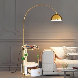 Đèn cây đứng dáng cong tích hợp sạc điện thoại, Đèn sàn kệ đá và ngăn kéo để đồ trang trí nội thất Hiện Đại - Sang Trọng