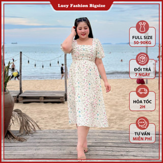 Váy đầm Bigsize nữ hoa nhí cổ vuông xếp ly dáng xòe đi biển đi dạo 50-90kg - LUCY Bigsize (1096)