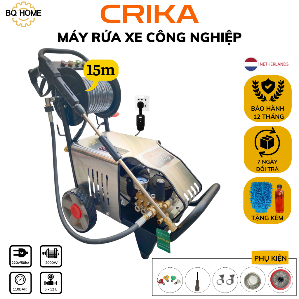 [HN] Máy rửa xe Công Nghiệp Crika2000pro,động cơ cảm ưng từ lõi Đồng,Dây bố thép 15M,Bảo hành 1 Năm