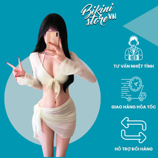BikiniStoreVn : Set bikini 4 mảnh đi biển S47 - Bộ đồ bơi nữ 4 món trắng đen - Bikini kèm khăn đi biển