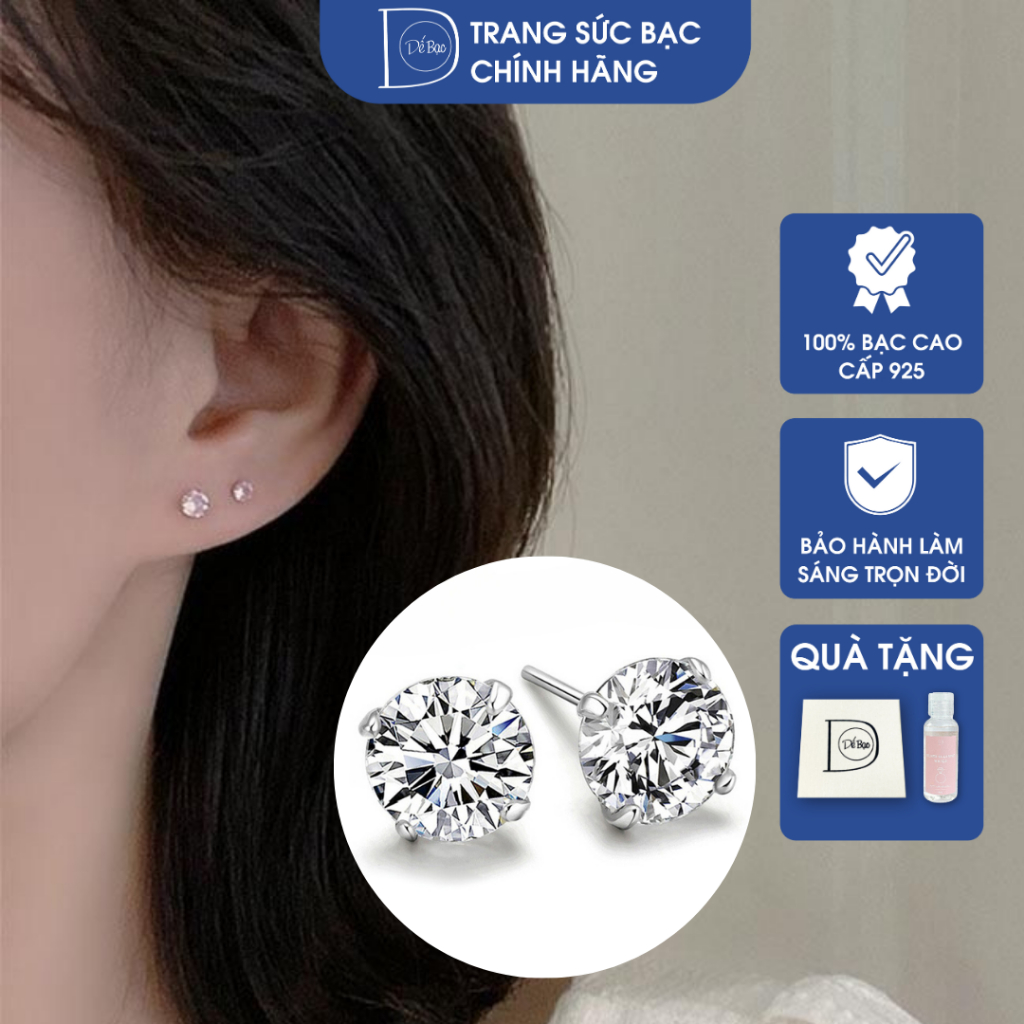 Khuyên tai tròn bạc nữ Dế Bạc nụ đá tròn Bông tai bạc 925 nam nhiều size đính đá 3 li nhỏ nhắn xinh xắn K3006
