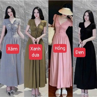 Đầm body cổ v viền bèo cột nơ nhún eo tay ngắn dáng xoè thanh lịch - thun gân lạnh