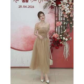 Đầm dự tiệc xòe trễ vai tay lưới đính khoen Royal Dress