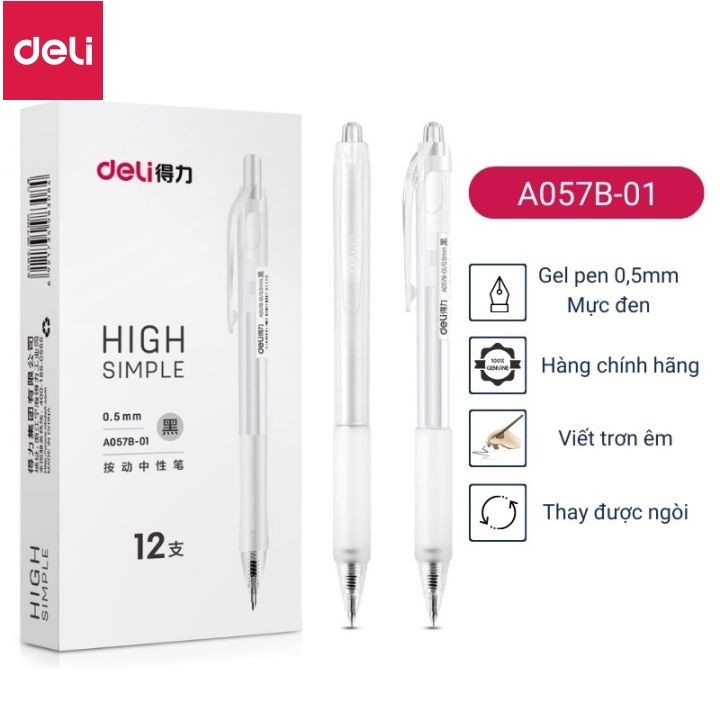 [Combo 5 chiếc] Bút gel bấm thân trong Deli A057 / Bút gel Deli bấm thân trong suốt 0.5mm