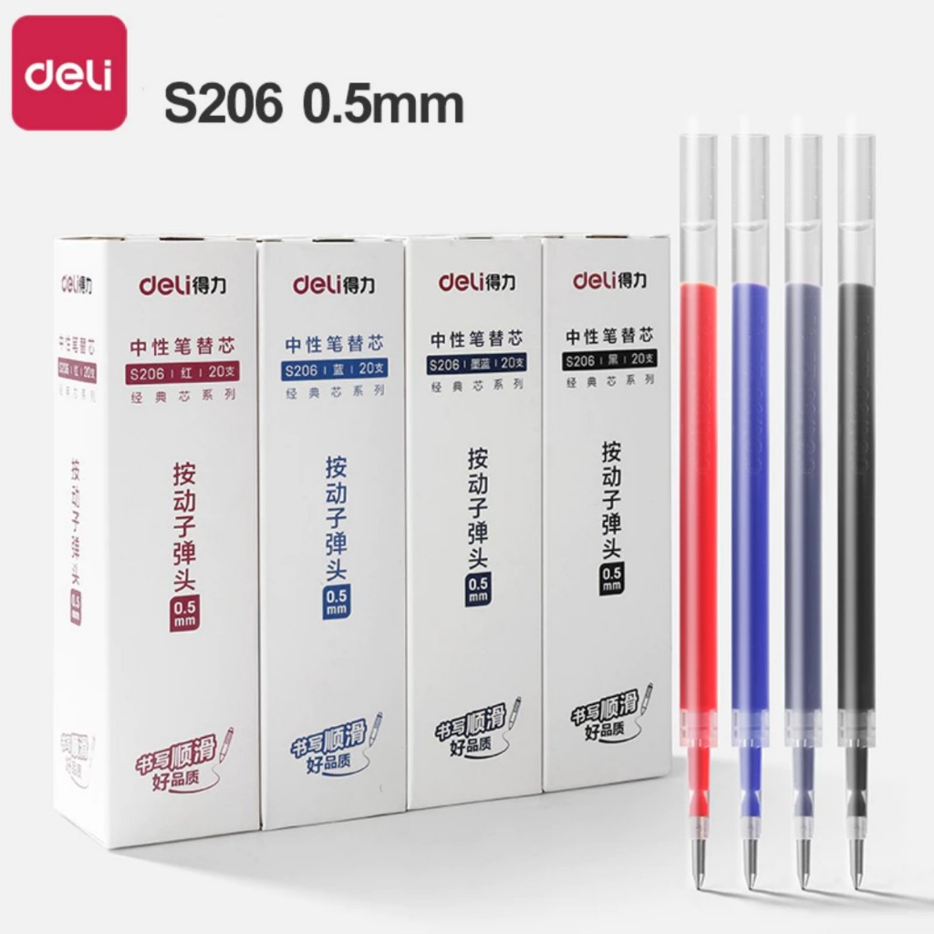 [Hộp 20 chiếc] Ruột gel bấm Deli 0.5mm S206 / Hộp tuột thay thế cho bút gel bấm Deli M&G