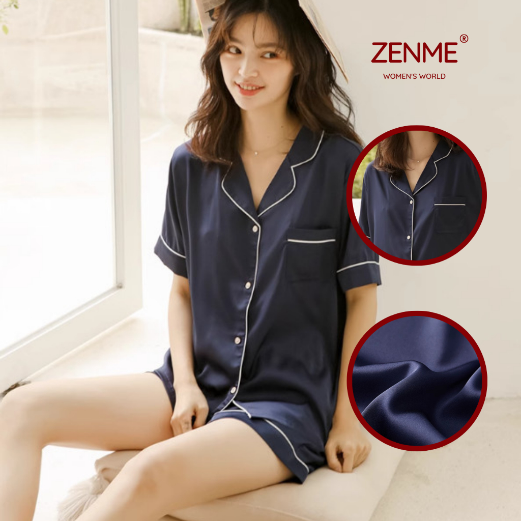 Bộ đồ ngủ nữ Pijama lụa cộc đùi ZENME PJC0223 chất liệu cao cấp mặc nhà mát mẻ