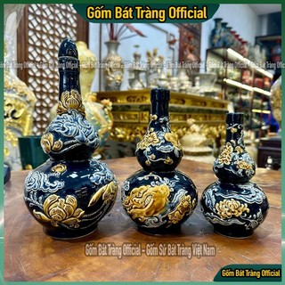 Nậm rượu thờ cúng men xanh coban đắp nổi bát tràng, nậm rượu 1 bầu/ 2 bầu, họa tiết rồng sen