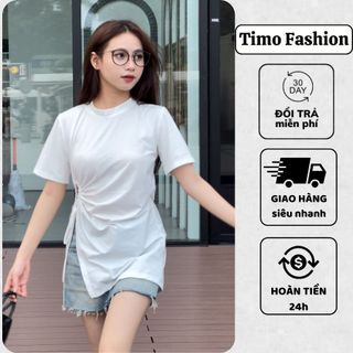 Áo thun nữ TIMO vạt chéo xẻ tà cổ tròn, Áo kiểu nữ ngắn tay có dây buộc eo cá tính, form rộng unisex, AOT126