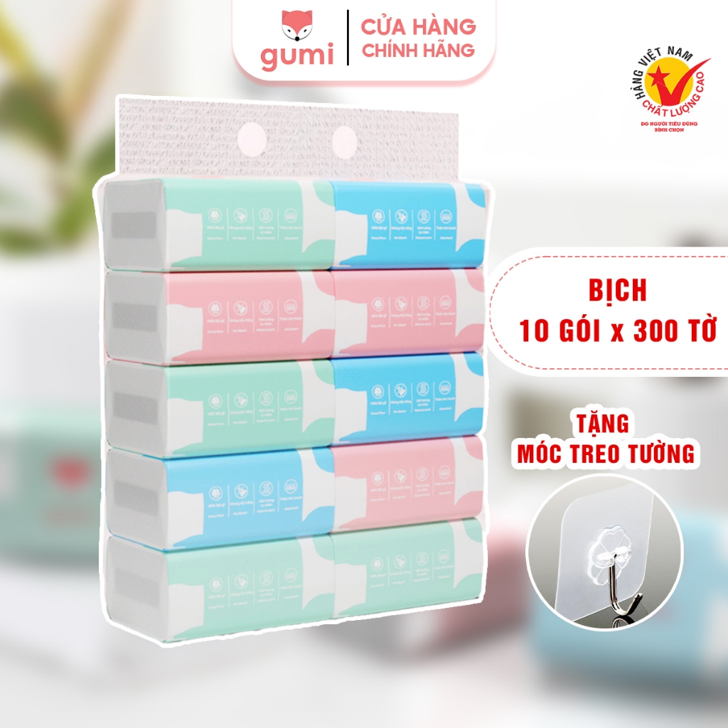 Khăn giấy ăn Gumi giấy rút gumi bịch 10 gói 3 lớp gấu trúc siêu dai cao cấp tặng móc treo