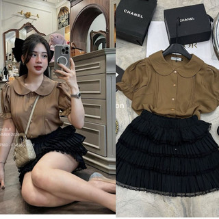 Sét áo cổ sen phối chân váy bèo, bộ áo nâu tây kèm váy tầng có lót s427