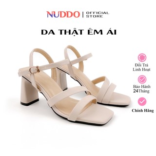 Guốc Nữ Sandal Gót Trụ Cao 7cm NUDDO, Dép Nữ Quai Mảnh Mũi Vuông Da Thật Cao Cấp N755D