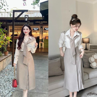 ( Top 5 ) Set đồ công sở áo sơ mi lụa nơ trước kèm chân váy tuyết mưa xếp ly D254