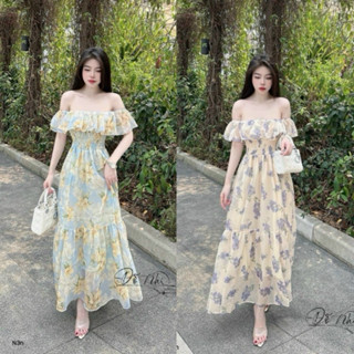 Đầm đi biển cúp ngực bèo vai dáng dài xòe chất voan in hoa xinh xỉu Ht181