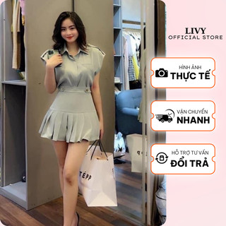 Set áo sơ mi nữ cổ bèo phối chân váy xếp ly hai tầng kèm đai freesize